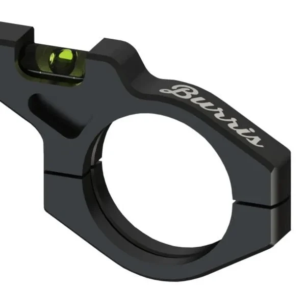 Burris Scope Tube Bubble Level, angled view in black with circular clamp and green bubble vial