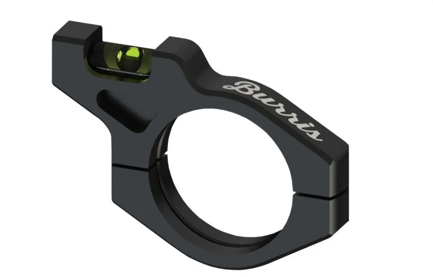primary-1594 Burris Scope Tube Bubble Level, angled view in black with circular clamp and green bubble vial