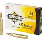 ARMSCOR 223REM 55GR FMJ 20/1000, white and yellow ammunition box with three brass cartridges