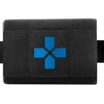 BL FORCE MICRO TRAUMA MOLLE EMPT BLK black pouch, front view with blue cross and side straps