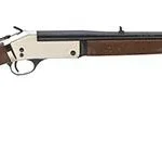 Henry Singleshot Rifle Brass, right-side view with brown wood stock and brass receiver