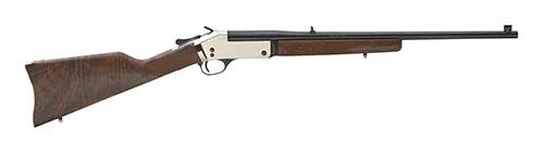 Henry Singleshot Rifle Brass, right-side view with brown wood stock and brass receiver