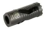 TROY 5.56 MEDIEVAL MUZZLE BRAKE black, angled front view with ridges and ports