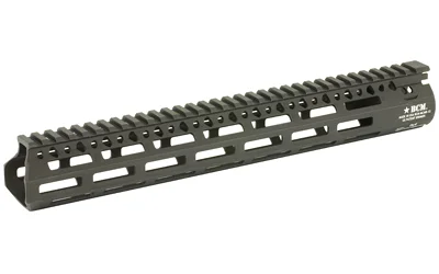 Bravo Company BCM Gunfighter MCMR Rail black handguard, angled view with top rail and M-LOK slots