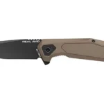 REAL AVID BORN READY TAN ASSISTED tan and black folding knife shown open from right side