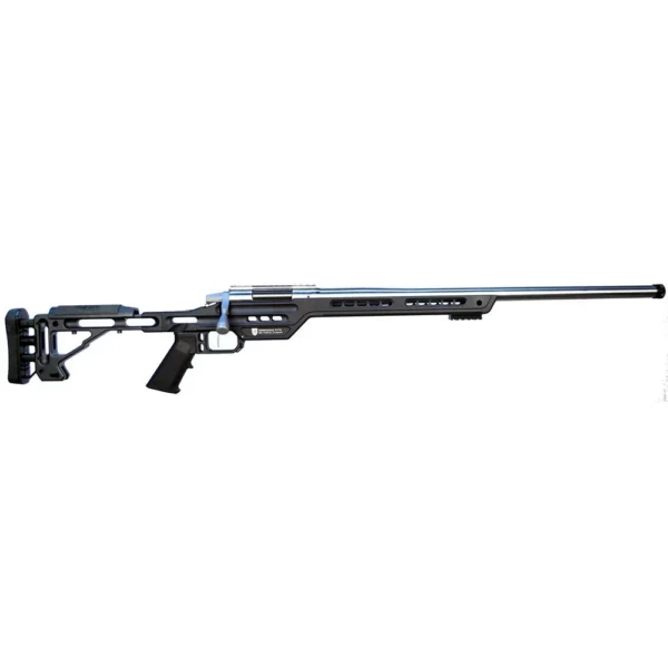 Masterpiece Arms MPA PMR black chassis rifle, right-side view with polished barrel and adjustable stock