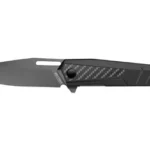 Real Avid Born Ready Black Assisted, open black folding knife in right-side view with red accent