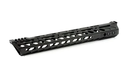 primary-16449 PHASE5 LPSN15 MLOK FF QUAD RAIL black rail in angled side view with vented slots and top rail