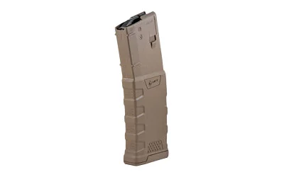 Mission First Tactical Extreme Duty 5.56 magazine, brown, angled side view with ribbed body