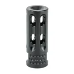 Mission First Tactical MFT 5 DIRECTION COMPENSATOR, black front angle with vent slots and ported base