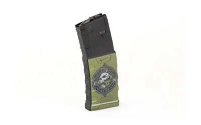 Mission First Tactical MFT Extreme Duty magazine, angled view with black body and green wrap