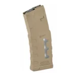 Mission First Tactical MFT Extended Duty window magazine, tan angled view with side window