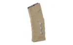 Mission First Tactical MFT Extended Duty window magazine, tan angled view with side window