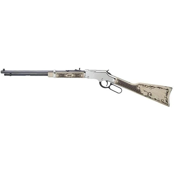 HENRY H4 AMERICAN EAGLE rifle, right-side view with silver receiver and engraved light stock