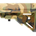 B5 Systems B5 Bravo stock, woodland camouflage left-side view with adjustment lever