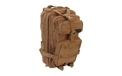 Evolution Outdoor EVODS ASSAULT PACK COYOTE coyote brown backpack with front pouches, angled view
