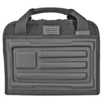 Evolution Outdoor EVODS Tac EVA pistol case, black front view with carry handle and molded panels