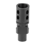 CMMG FH FNH P90 Style black muzzle device, angled front view with round ports