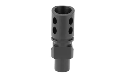CMMG FH FNH P90 Style black muzzle device, angled front view with round ports