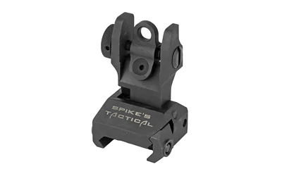 SPIKE'S REAR FOLDING SIGHT, black raised sight in angled rear view with circular aperture