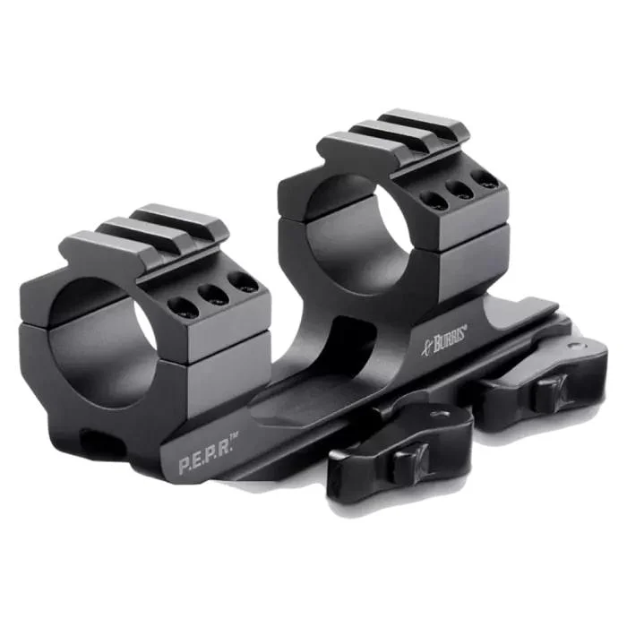 primary-169 Burris AR PEPR Mount black angled view with two rings, Picatinny tops and quick-detach levers