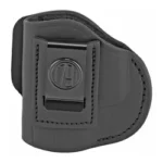 1791 4 WAY IWB/OWB STLTH black leather holster, front view with belt clip and stitching