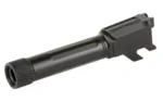 FAXON MATCH BBL SHLD/SHLD PLUS SF TR black barrel, angled side view with threaded muzzle