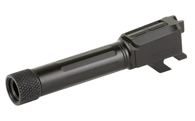 FAXON MATCH BBL SHLD/SHLD PLUS SF TR black barrel, angled side view with threaded muzzle