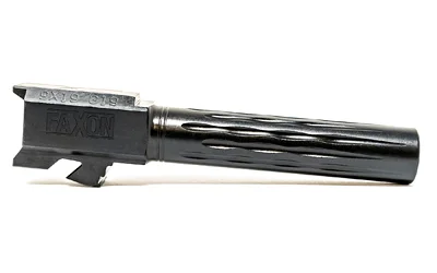 Faxon Match Barrel for G19 FF black barrel, side view with fluted finish and squared chamber