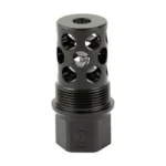 SilencerCo SCO THRD OVR MZL BRK black muzzle brake, upright angled view with side ports