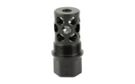 SilencerCo SCO THRD OVR MZL BRK black muzzle brake, upright angled view with side ports
