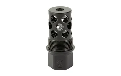 primary-17045 SilencerCo SCO THRD OVR MZL BRK black muzzle brake, upright angled view with side ports