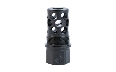 SilencerCo THRD OVR MZZL BRK, black front and side view with threaded base and circular ports