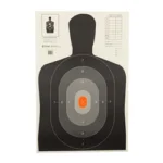 ACTION TGT B27E PROS 100PK white target with black silhouette, gray scoring zones and orange center