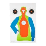 ACTION TGT HIVIS FLOR B 21E, front view of multicolor silhouette target with three bullseyes