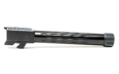 Faxon Match Barrel for G17 G5 FF black threaded barrel, side view with fluted finish
