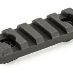 Midwest M-LOK 5 Slot Rail Section, gray, angled top view with two mounting holes