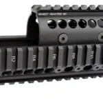 MIDWEST AK47/74 QUAD RAIL BLK, black angled side view with four rails and circular vent holes