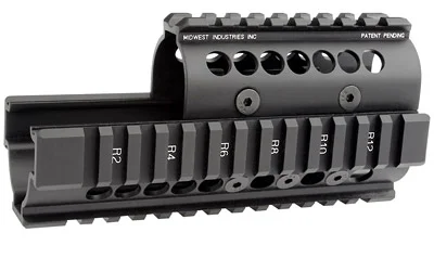 primary-17190 MIDWEST AK47/74 QUAD RAIL BLK, black angled side view with four rails and circular vent holes