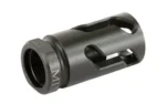 MIDWEST FLASH HIDER 5/8X24 .30 CAL black flash hider, angled view with threaded opening