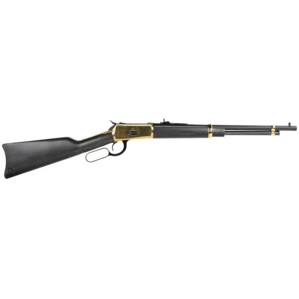 Heritage 92 Lever Action Rifle, right-side view with wood stock, gold receiver and dark barrel