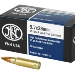FN America FN SS195LF, blue and black ammunition box with three brass cartridges