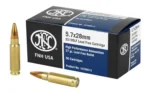 FN America FN SS195LF, blue and black ammunition box with three brass cartridges
