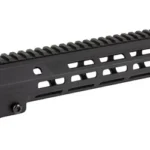 Geissele 10.5 SMR MK16 MLOK black handguard, angled view with top rail and side slots