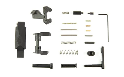 GEISSELE LPK ULTRA DUTY BLK assorted black and metallic lower parts arranged in rows
