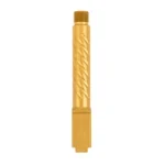 BALLISTIC BBL FOR GLK 19 TD SFLT GLD, gold barrel shown upright with spiral fluting and threaded muzzle