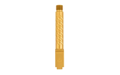 BALLISTIC BBL FOR GLK 19 TD SFLT GLD, gold barrel shown upright with spiral fluting and threaded muzzle