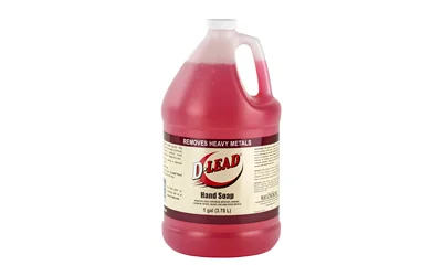 D-Lead Hand Soap, front view of gallon jug filled with red liquid, white handle and labeled front