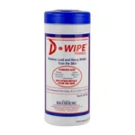 D-Lead D-Wipe Towels, front view of tall white canister with blue lid and printed label