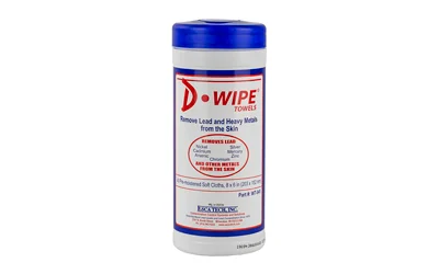 D-Lead D-Wipe Towels, front view of tall white canister with blue lid and printed label